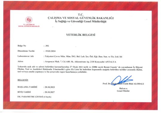 İş Hijyeni Ölçüm, Test ve Analiz Yeterlilik Belgesi — T.C. Çalışma ve Sosyal Güvenlik Bakanlığı (ÇSGB)